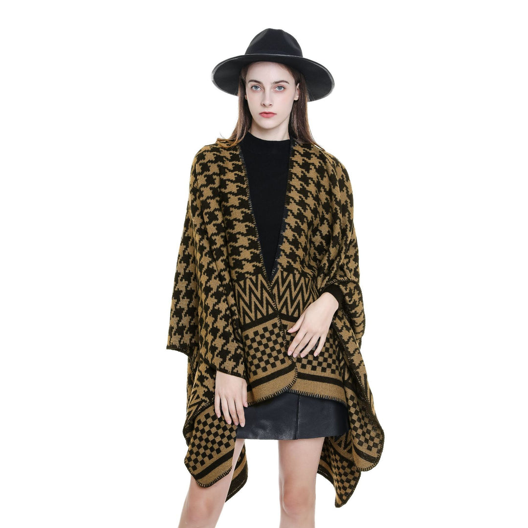 Damen Jacquard-Capeponcho mit Hahnentritt- und Geometriemuster Drune