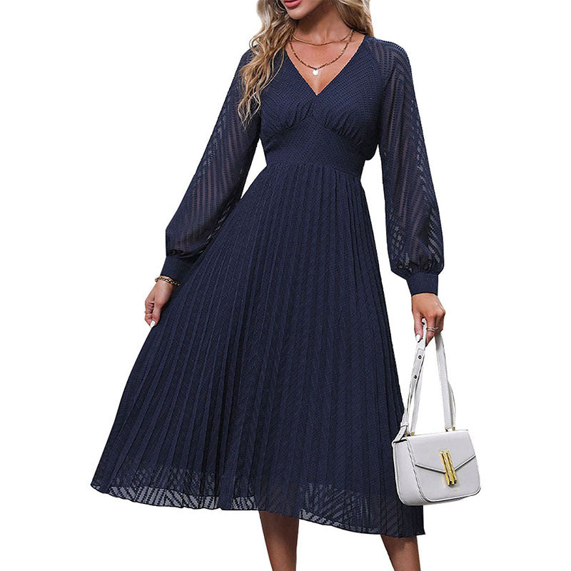 Damen Plissee Midi-Kleid mit V-Ausschnitt und langen Ärmeln Drune