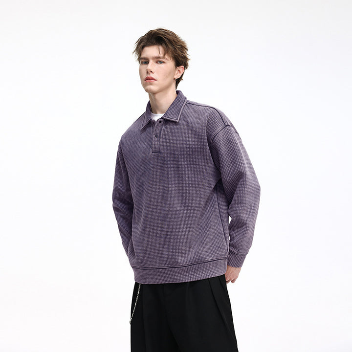 Herren Waffelstruktur-Poloshirtpullover mit Kragen und verdeckter Knopfleiste Drune