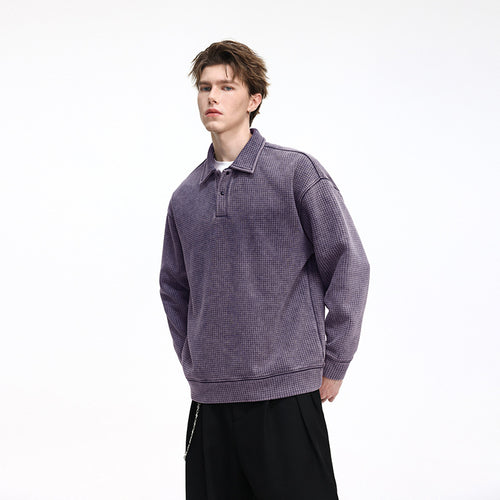 Herren Waffelstruktur-Poloshirtpullover mit Kragen und verdeckter Knopfleiste Drune