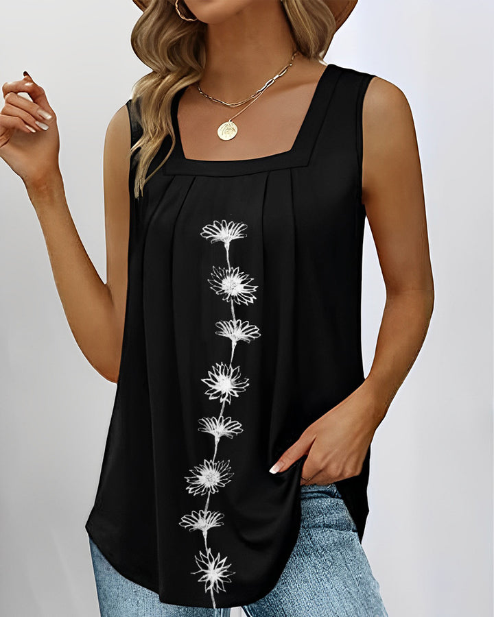 Damen nan ärmelloses Longtop mit quadratischem Ausschnitt, Faltenpassé und mittigem Blumenprint Drune