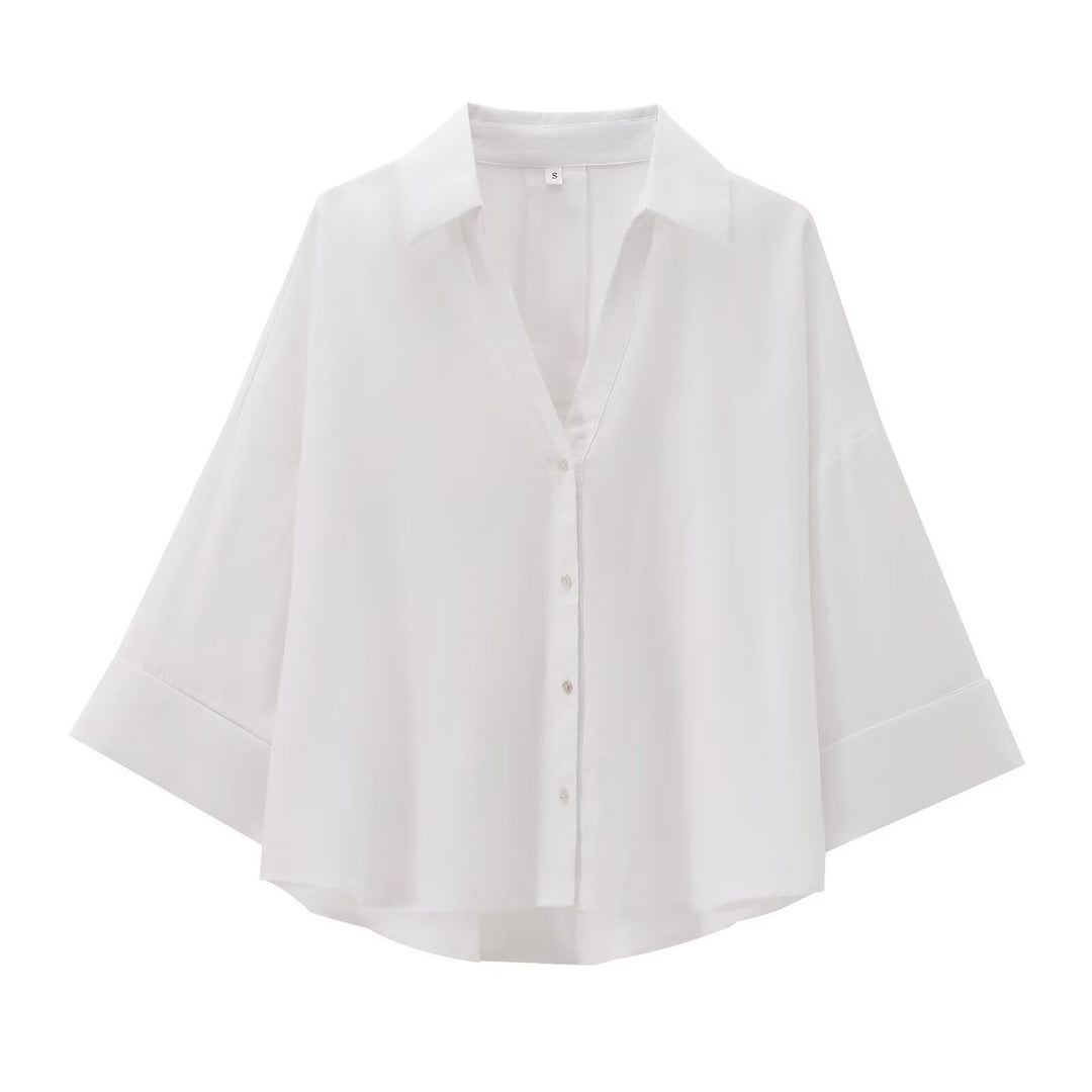 Damen Oversize Viskose-Hemdbluse mit dreiviertelärmeln und verlängertem Rückensaum Drune