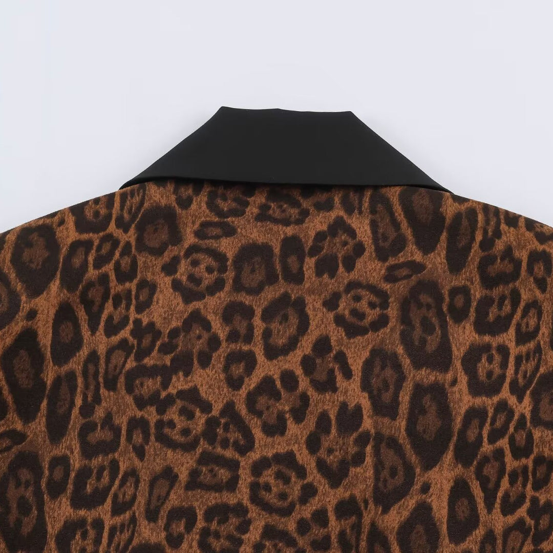 Damen Doppelreihiger Mantel mit Leopardenmuster und Satin-Schalkragen Drune