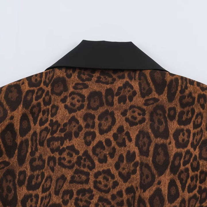 Damen Doppelreihiger Mantel mit Leopardenmuster und Satin-Schalkragen Drune