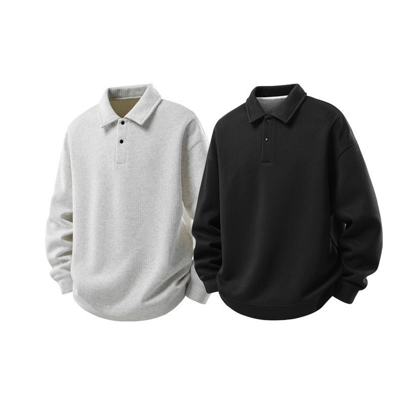 Herren Oversize Waffelstruktur-Polopullover mit halber Knopfleiste und gerippten Bündchen Drune