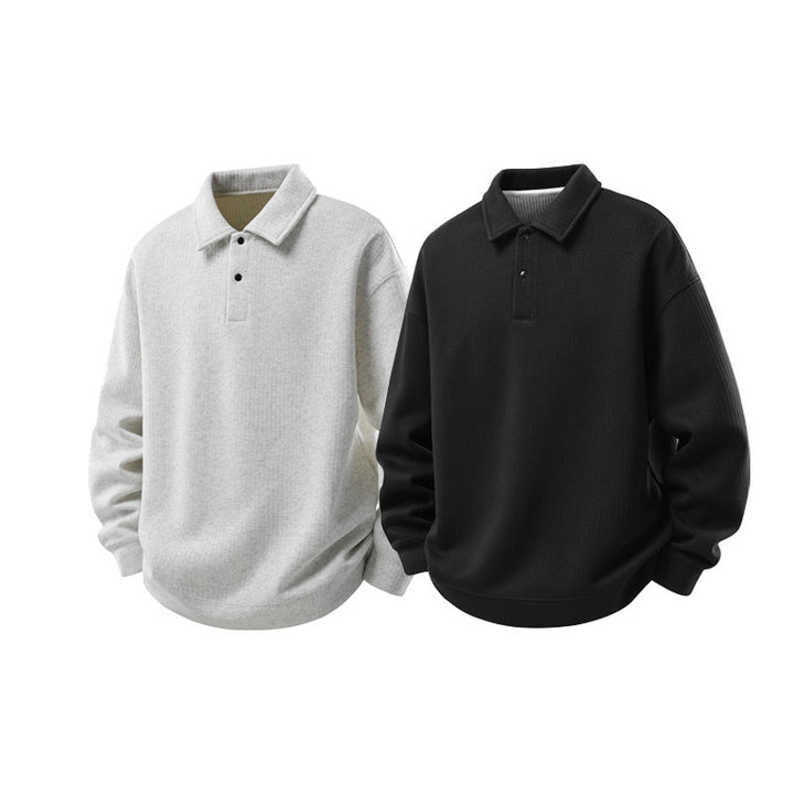 Herren Oversize Waffelstruktur-Polopullover mit halber Knopfleiste und gerippten Bündchen Drune
