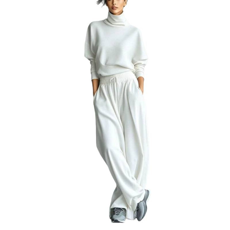 Damen Strick-Loungewear-Set mit Rollkragen und weiten Palazzo-Hosen Drune