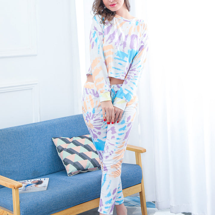 Damen Zweiteiliges Crop-Lounge-Set mit Batikprint, Oversize-Sweatshirt und Kordelbund-Jogger Drune