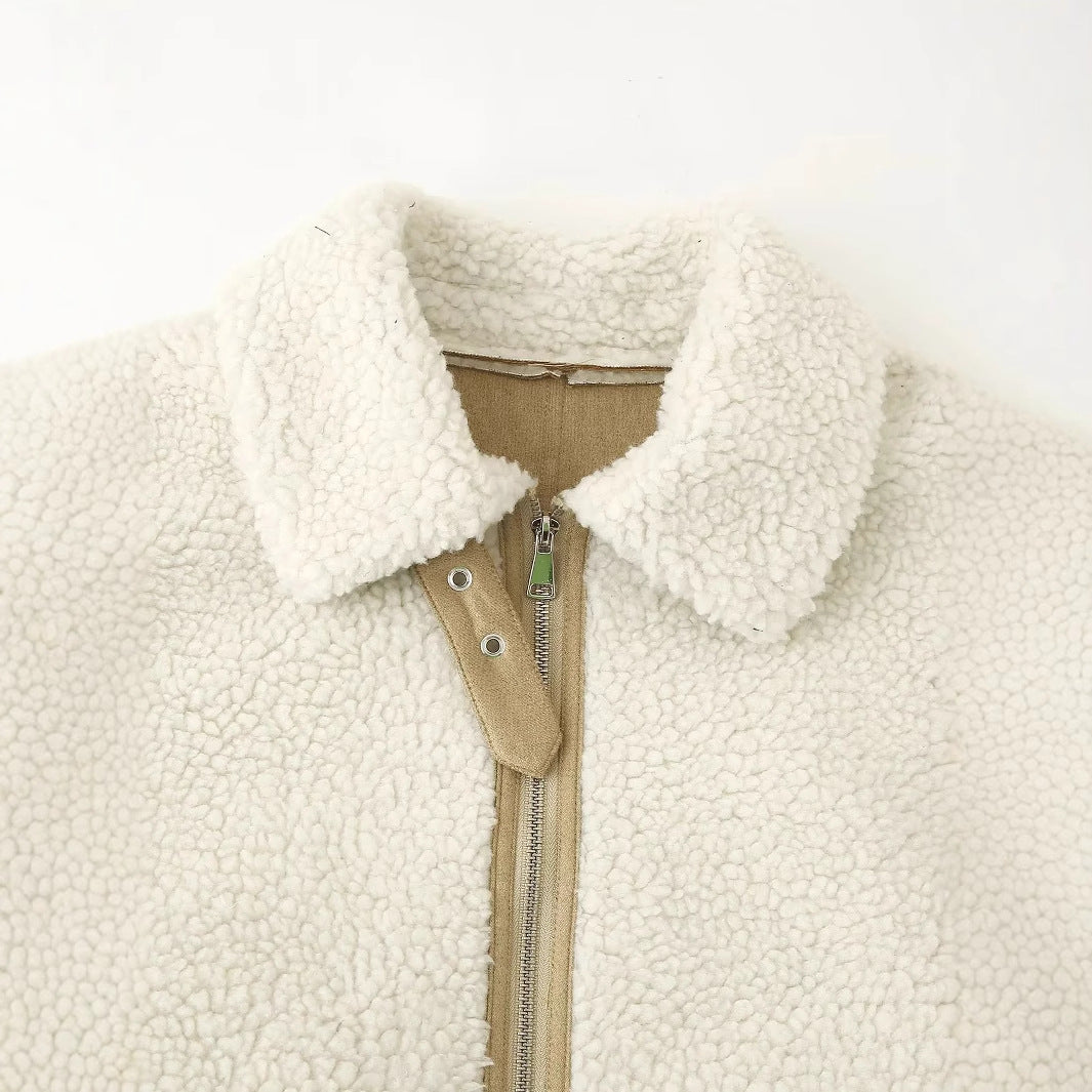 Damen nan kuschelige Teddyjacke mit Reißverschluss, Stehkragen und aufgesetzten Taschen Drune