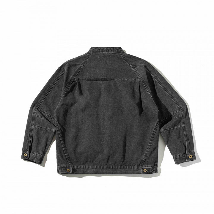 Unisex Boxige Denim‑Hemdjacke im Worker‑Look mit Stehkragen, Raglanärmeln und Brust‑Welttasche Drune