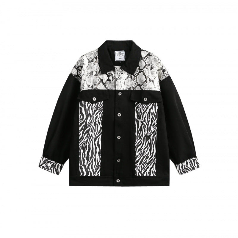 Damen Oversize-Jeansjacke im Patchwork-Tierprint mit Reverskragen und Pattentaschen Drune