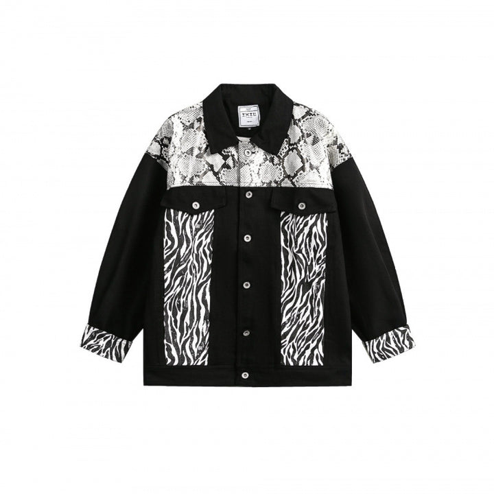 Damen Oversize-Jeansjacke im Patchwork-Tierprint mit Reverskragen und Pattentaschen Drune