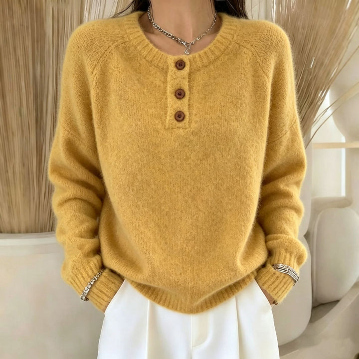 Damen Kuscheliger Rundhals-Henley-Pullover mit Knopfleiste und Raglanärmeln Drune