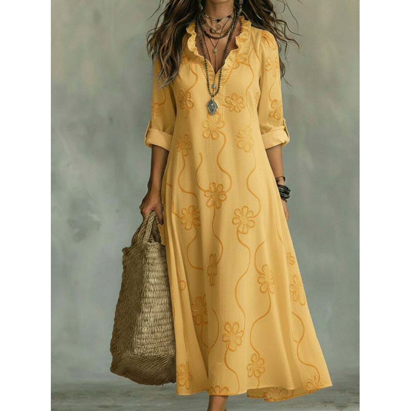 Damen Langes Boho-Maxikleid mit Blumenstickerei und V‑Ausschnitt Drune