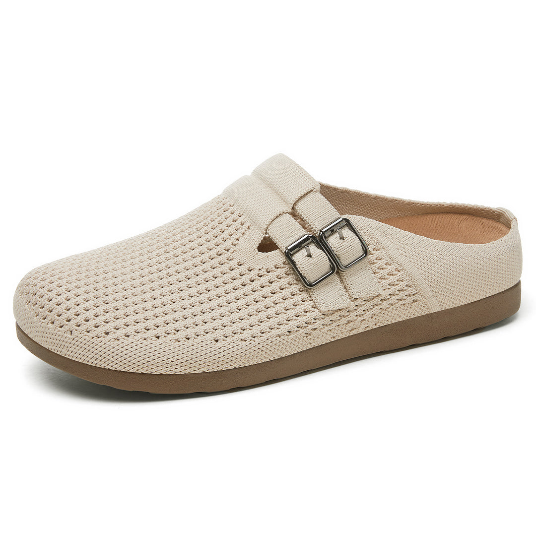 Damen nan gestrickter Clog-Mule mit doppelter Metallschnalle, atmungsaktivem 3D-Strickoberteil und ergonomischem Memory-Fußbett Drune