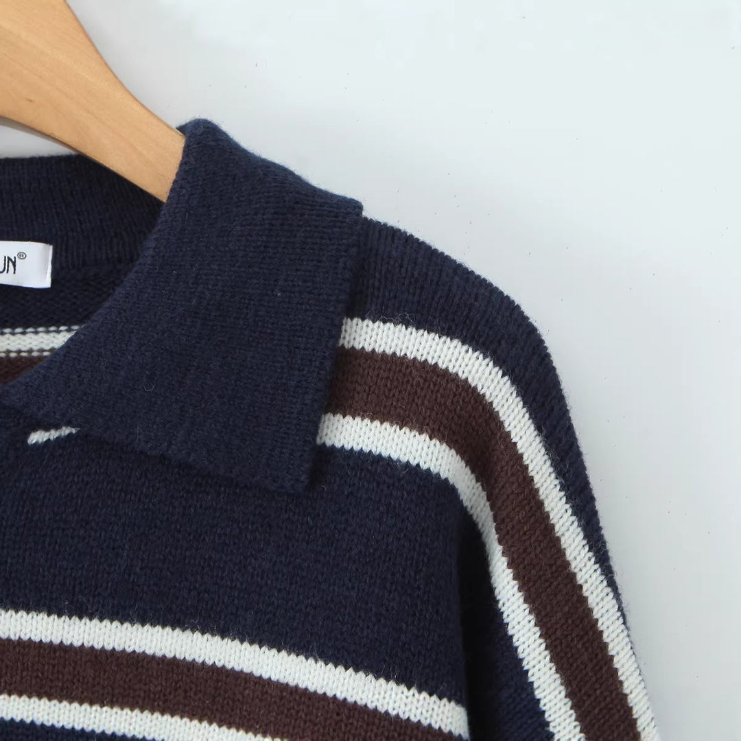 Damen Gestreifter Oversize-Strickpullover mit Polokragen und Rippbündchen Drune