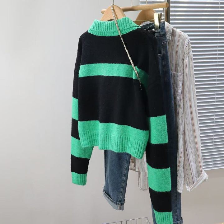 Damen Strickpullover mit tiefem V-Ausschnitt und gestreiftem Design Drune
