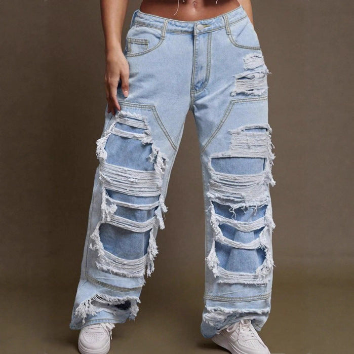 Damen Baggy-Denimhose mit extragroßen Destroyed‑Cutouts und weitem Bein Drune