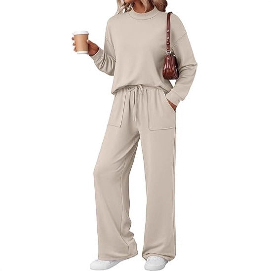 Damen Loungewear-Zweiteiler aus weichem Jersey mit Rundhalsausschnitt und weitem Kordelzug-Hose Drune