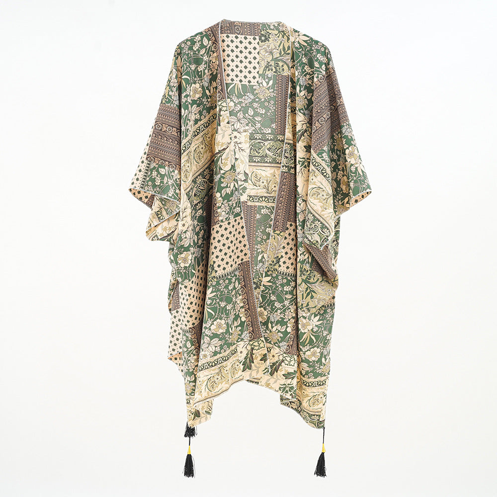 Damen Kaftan-Überwurf mit Patchwork-Blumenprint und Quasten Drune