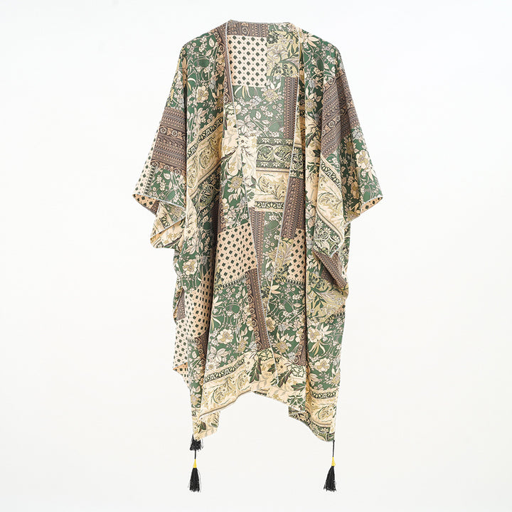 Damen Kaftan-Überwurf mit Patchwork-Blumenprint und Quasten Drune