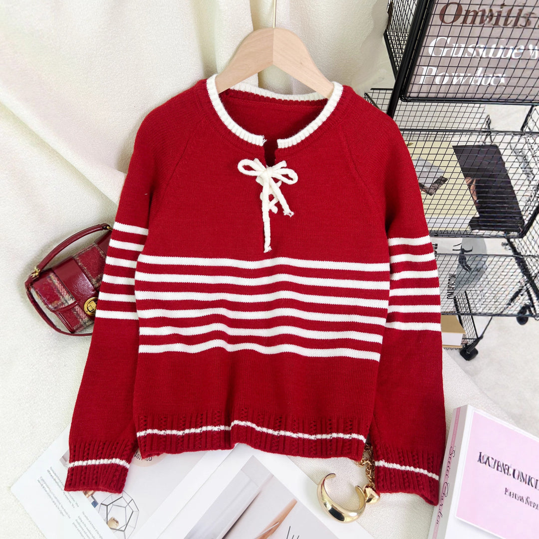 Damen pullover mit seitlichem Kordelzug und modernem Streifenmuster Drune