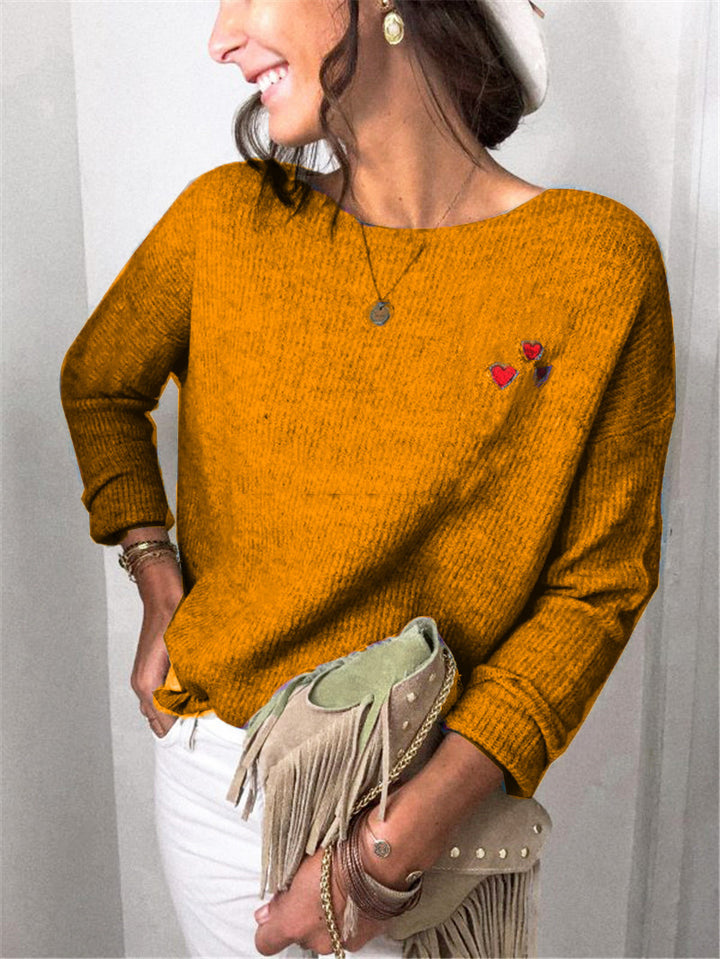 Damen Leichter Feinstrickpullover mit U-Boot-Ausschnitt, lockerem Sitz und Herzstickerei Drune