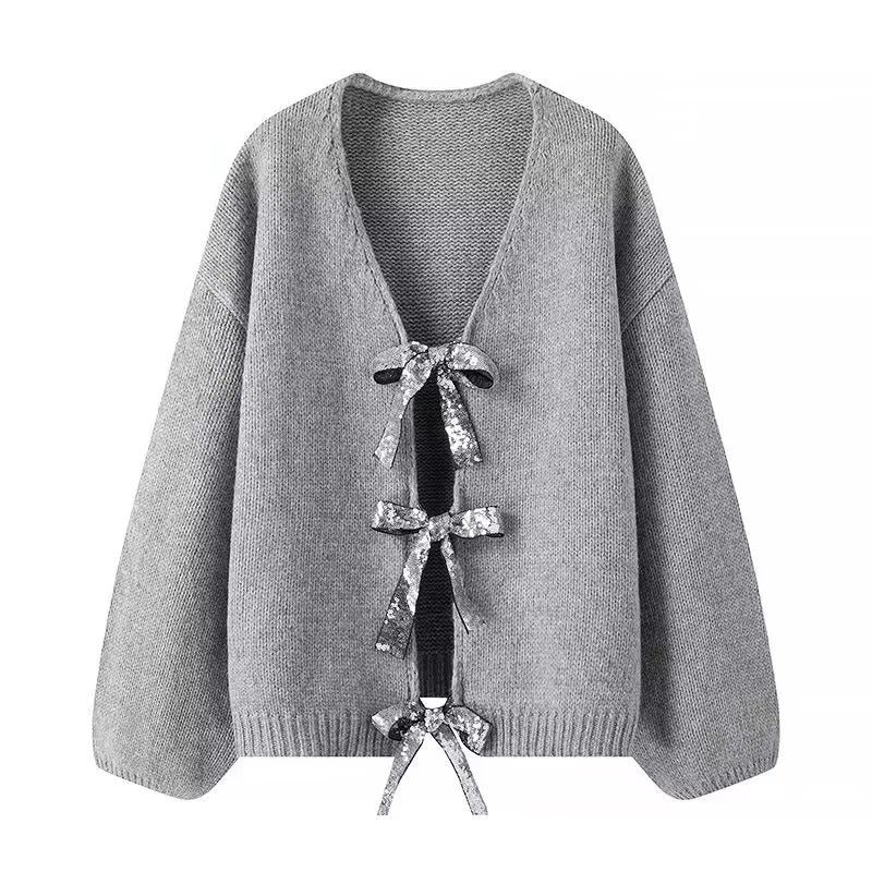 Damen nan Oversize-Strickcardigan mit tiefem V-Ausschnitt und dekorativen Pailletten-Schleifen Drune