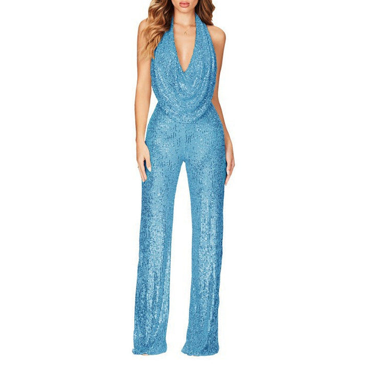Damen Glitzerndes Jumpsuit mit tiefem V-Ausschnitt und weitem Bein Drune