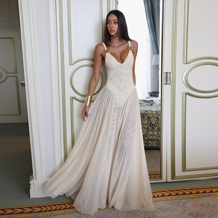 Damen Stilvolles Maxikleid mit transparentem Rock und elegantem V-Ausschnitt Drune