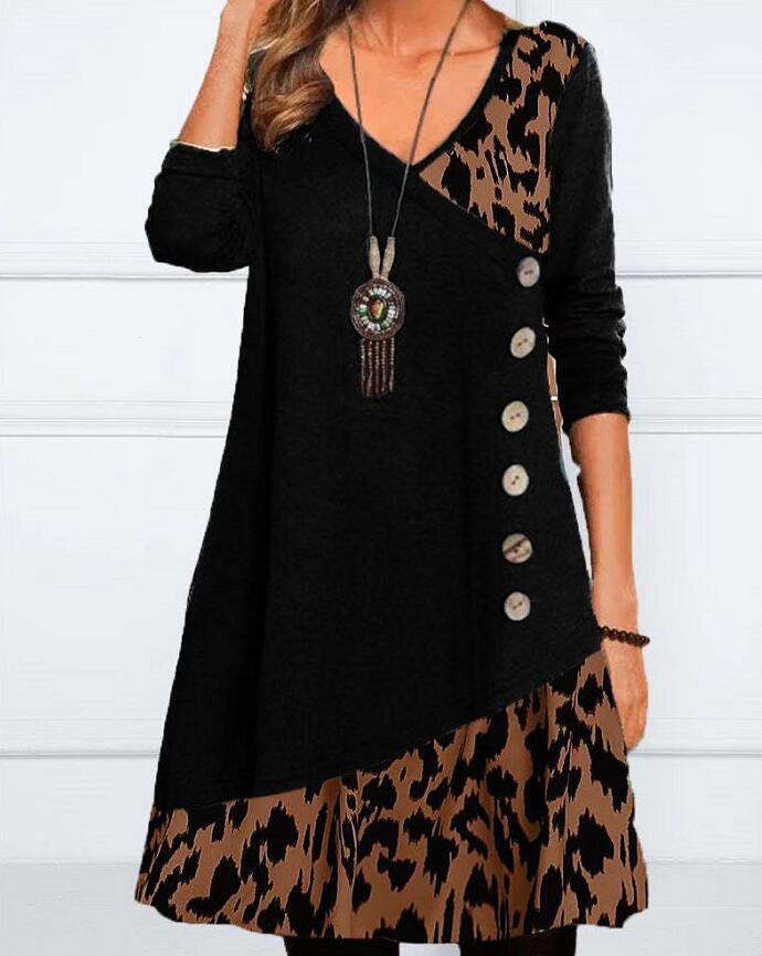Damen nan asymmetrisches V-Ausschnitt-Tunika-Kleid mit Zierknopfleiste und Animalprint-Besatz Drune