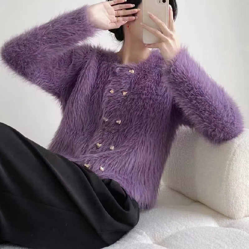 Damen Flauschige Strickjacke mit goldenen Knopfdetails Drune