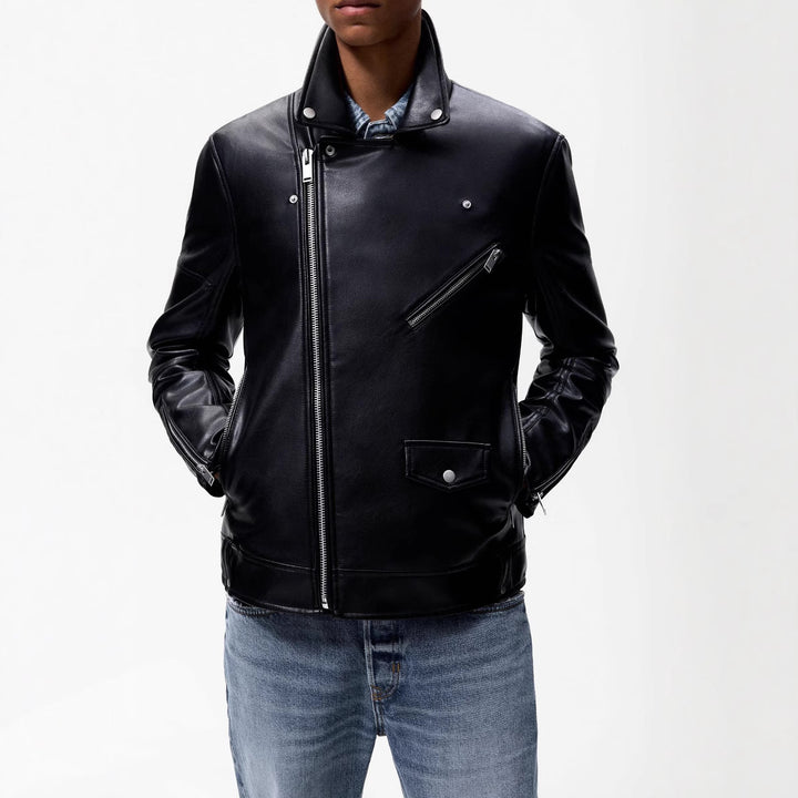 Herren Bikerjacke aus Glattleder mit asymmetrischem Reißverschluss und markanter Nahtführung Drune
