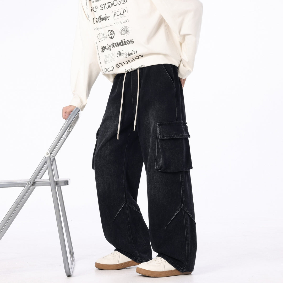 Herren Weite Cargo-Denimhose mit Tunnelzug, Used‑Waschung und Oversize‑Passform Drune