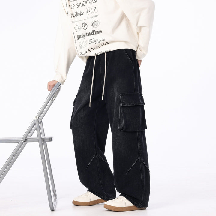 Herren Weite Cargo-Denimhose mit Tunnelzug, Used‑Waschung und Oversize‑Passform Drune