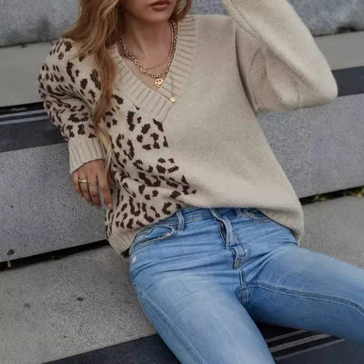 Damen Grobstrickpullover mit modernem Leo-Design und tiefem V-Ausschnitt Drune