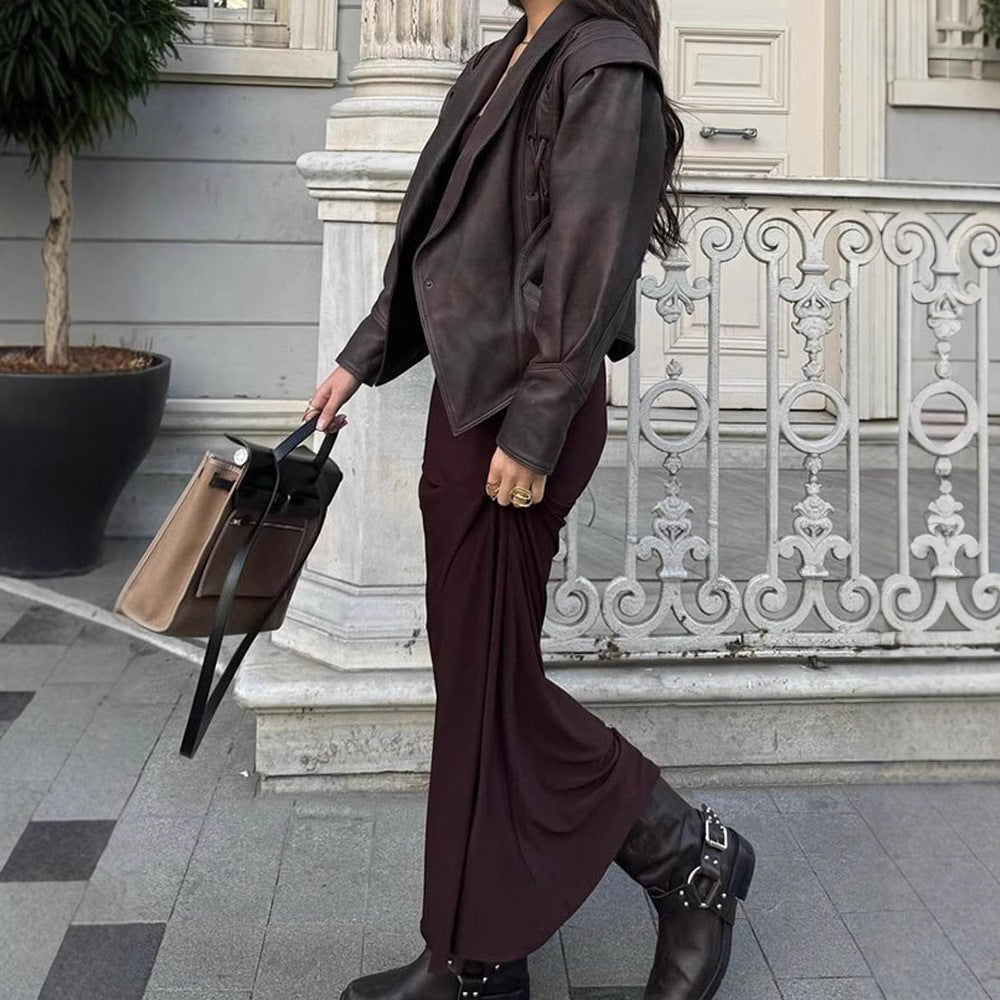 Damen Designer-Lederblazer mit Gürtel und dekorativen Schnüroptiken Drune