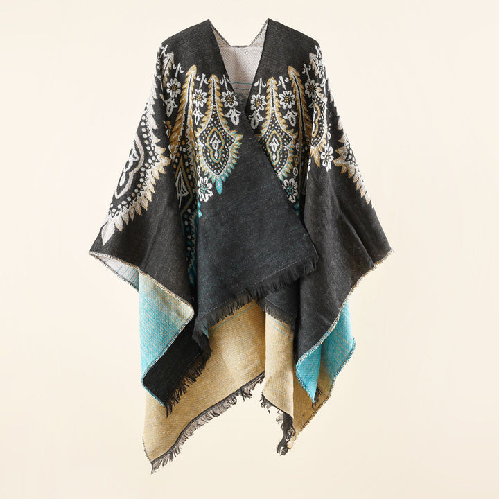 Damen Reversibler Jacquard-Wickelponcho im Oversize-Kaftan mit Fransensaum Drune