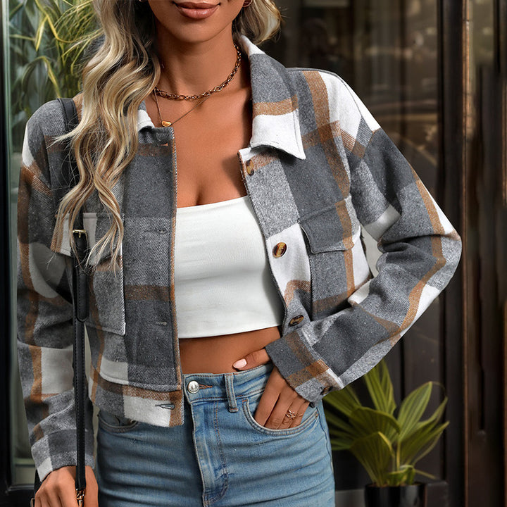 Damen kariertes Blousonjacke mit dekorativen Knöpfen und Brusttaschen Drune