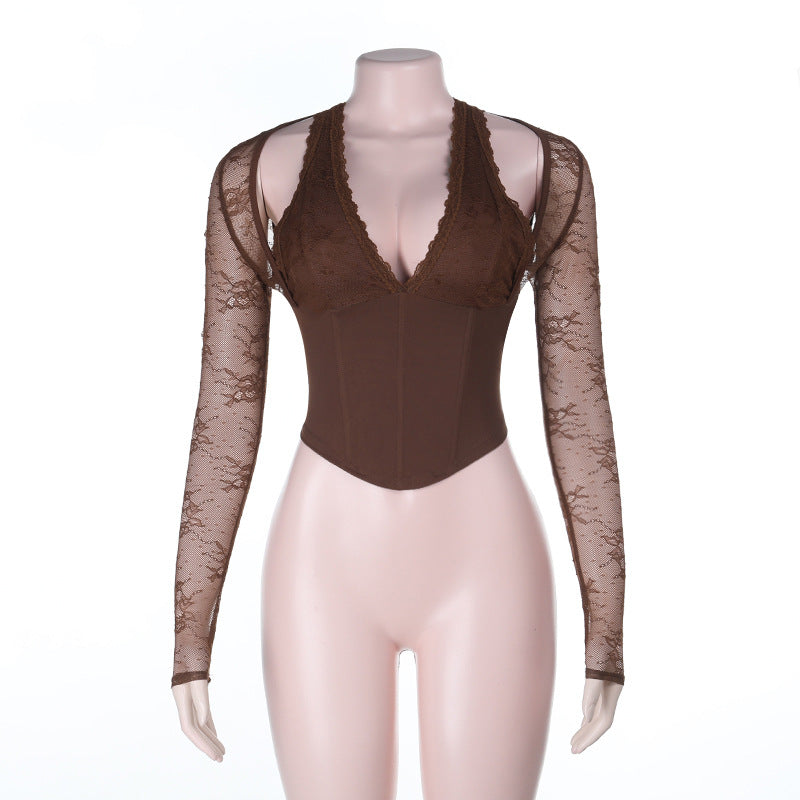 Damen eleganter Body mit Spitzendetails und tiefem V-Ausschnitt Drune