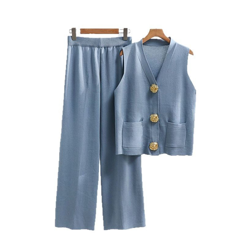 Damen elegantes Strick-Loungewear-Set mit Knopfdetaillierung Drune