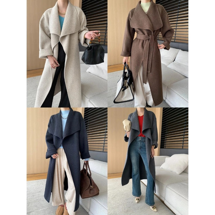 Damen eleganter Wickelmantel aus weichem Wollmix mit Gürtel Drune