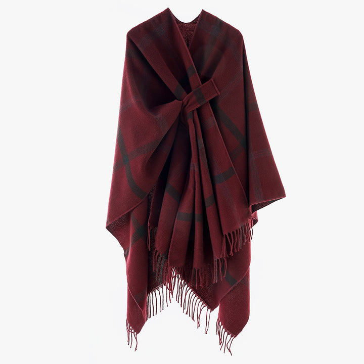 Damen Oversize-Capeponcho aus Wollmix mit Bindegürtel, Fransen und großem Karomuster Drune