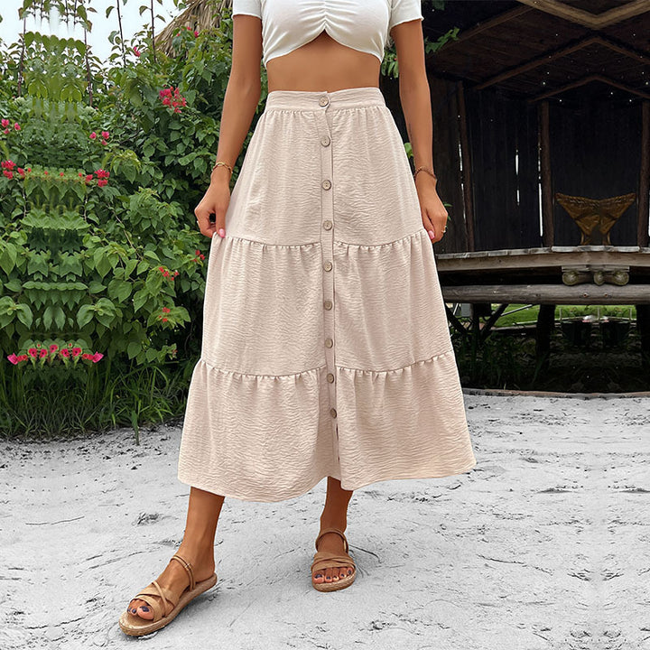Damen Stufen-Midirock mit durchgehender Knopfleiste und hohem Bund Drune