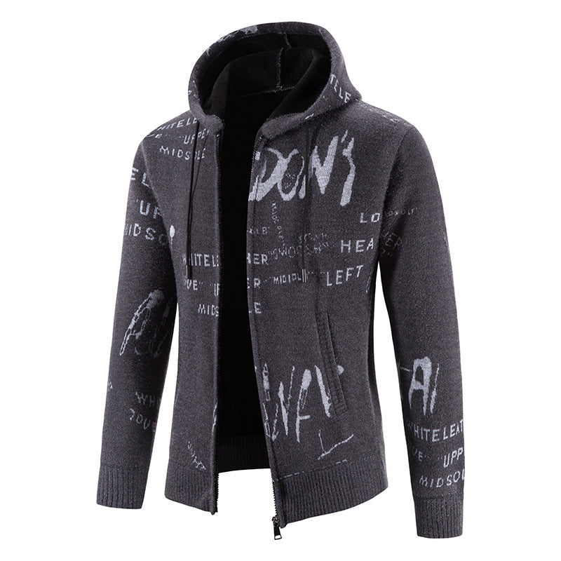 Herren Strick-Kapuzenjacke mit durchgehendem Reißverschluss, grafischem Allover-Print und Eingrifftaschen Drune
