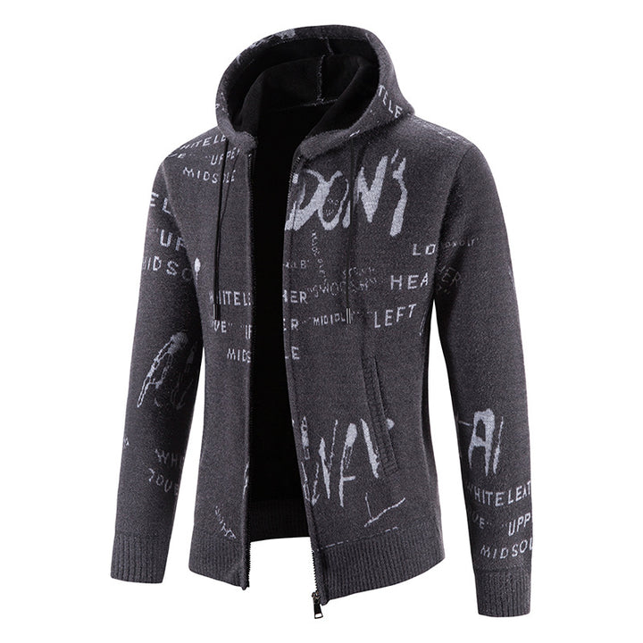 Herren Strick-Kapuzenjacke mit durchgehendem Reißverschluss, grafischem Allover-Print und Eingrifftaschen Drune