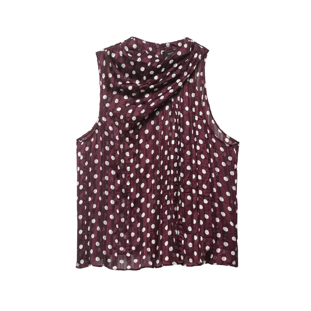 Damen Ärmellose plissierte Chiffonbluse mit Tupfenmuster und Wasserfallkragen Drune