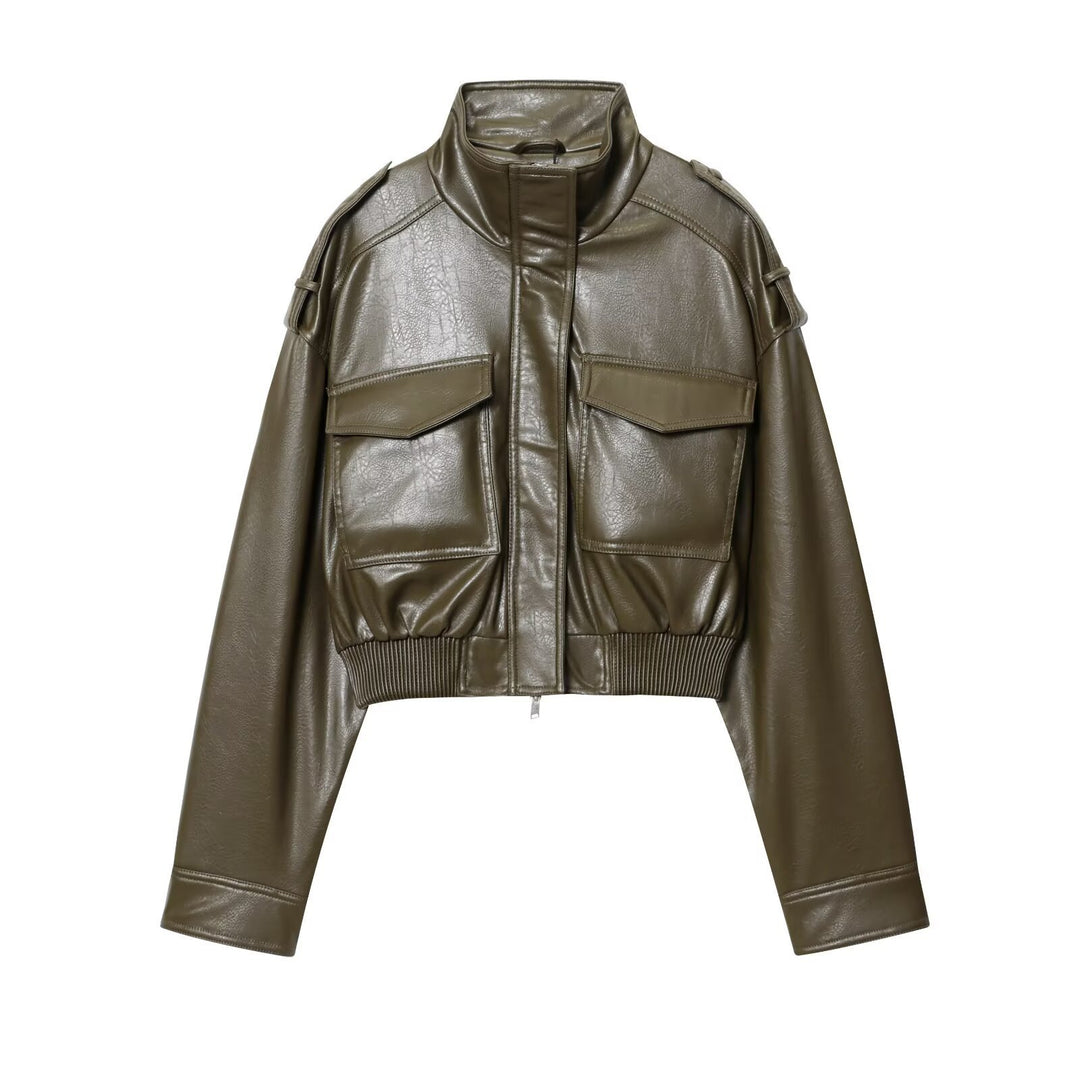 Damen Kurz geschnittene Blousonjacke aus Veganleder mit Schulterklappen und Pattentaschen Drune