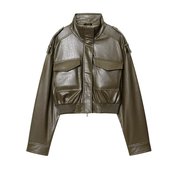 Damen Kurz geschnittene Blousonjacke aus Veganleder mit Schulterklappen und Pattentaschen Drune