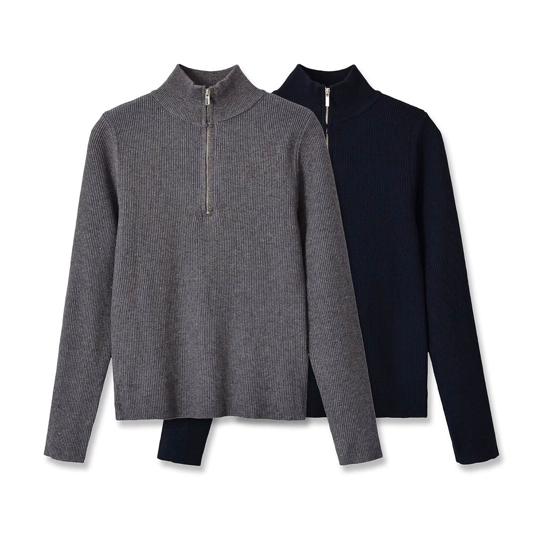Damen Gerippter Halbzip-Strickpullover mit Stehkragen Drune